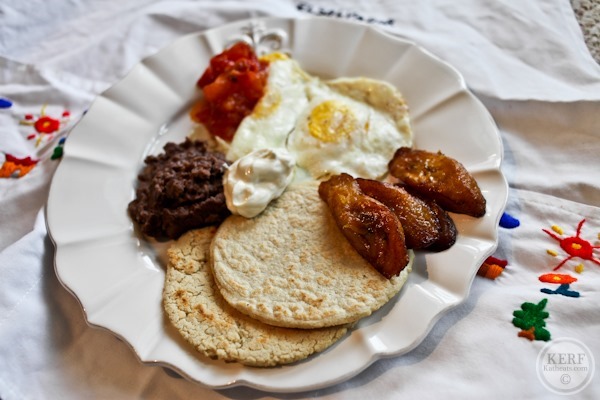 Salvadoran Breakfast plate with eggs and plantains