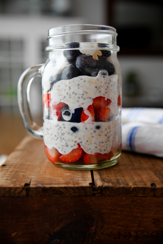 patriotic overnight oats with layers of red white and blue