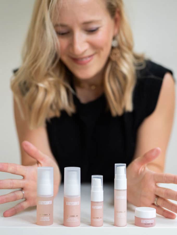 Beautycounter Countertime carry on set with kath in background