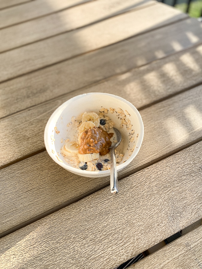 Overnight oats with banana, blueberries and almond butter