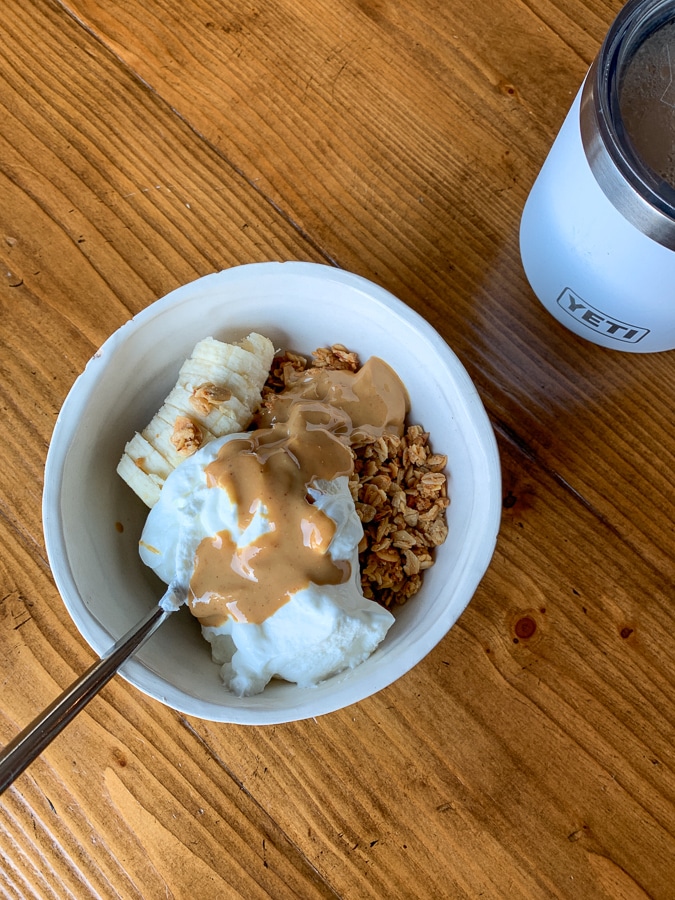 yogurt with granola almond butter and banana
