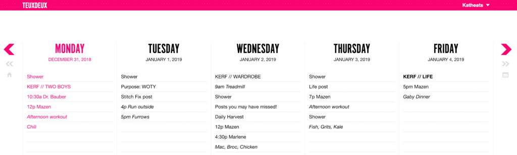 example of a work week in Teuxdeux