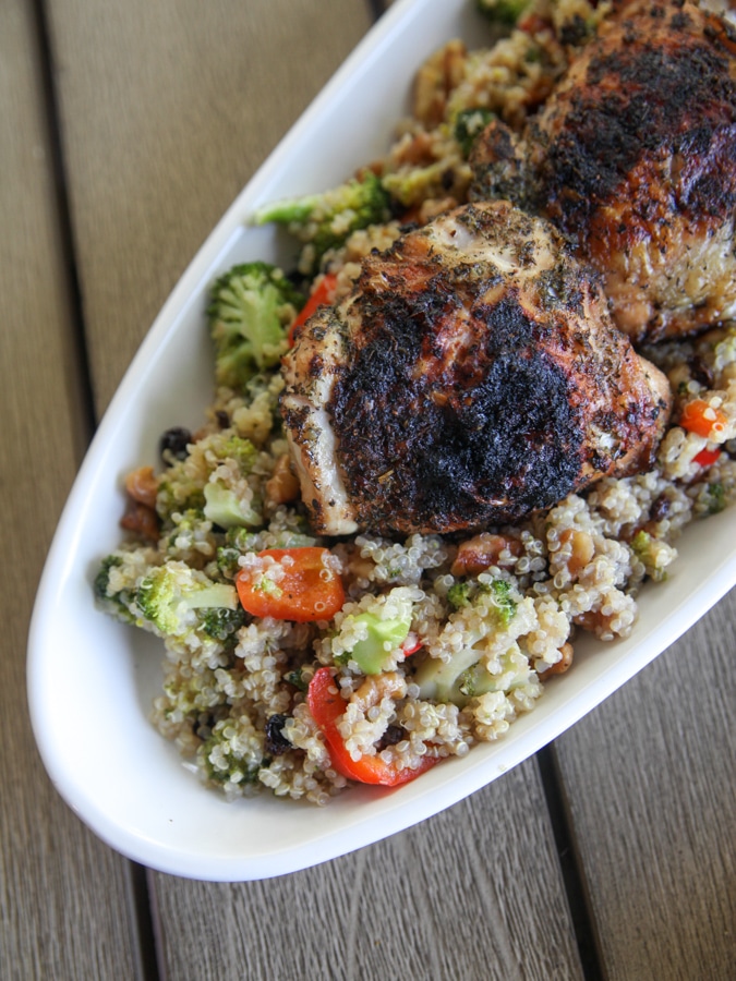 grilled chicken over hot honey quinoa salad
