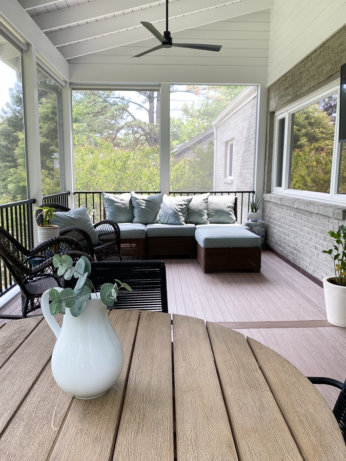 Shiplap Screened Porch with Pottery Barn outdoor furniture.