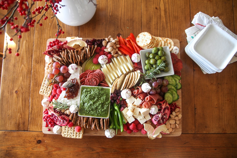 cheese board from above zoomed out on a dining table