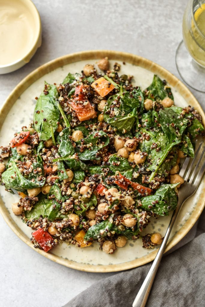 Moroccan salad on a ceramic plate and gray background