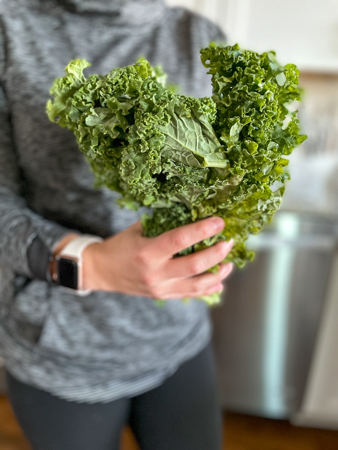 bunch of kale in my hands of Kath Eats