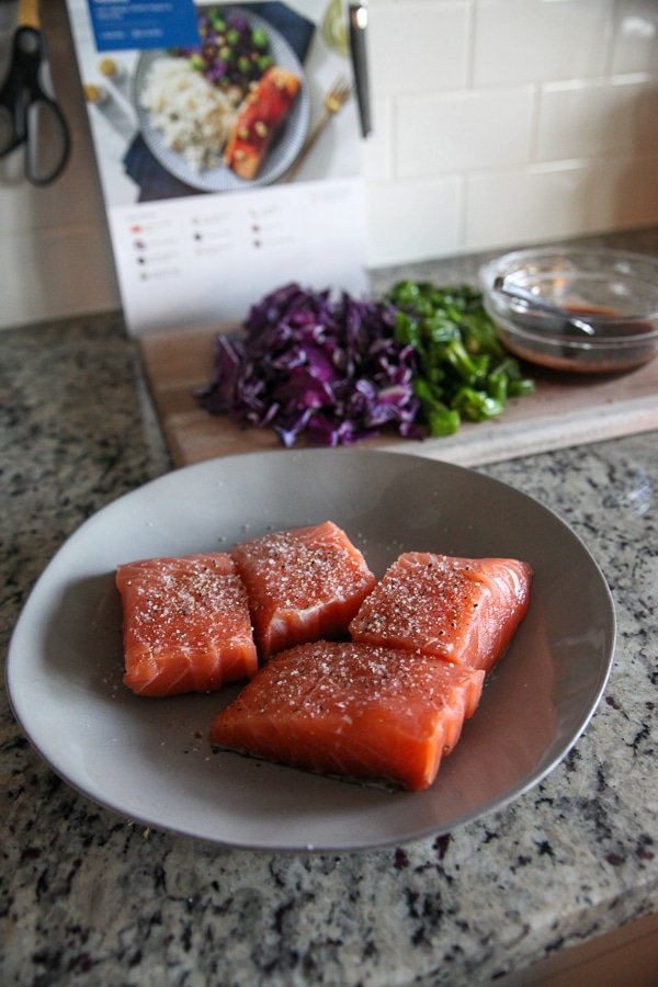 raw salmon fillets with seasoning on white plate