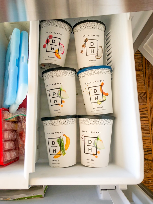 overhead shot of Daily Harvest smoothies in freezer
