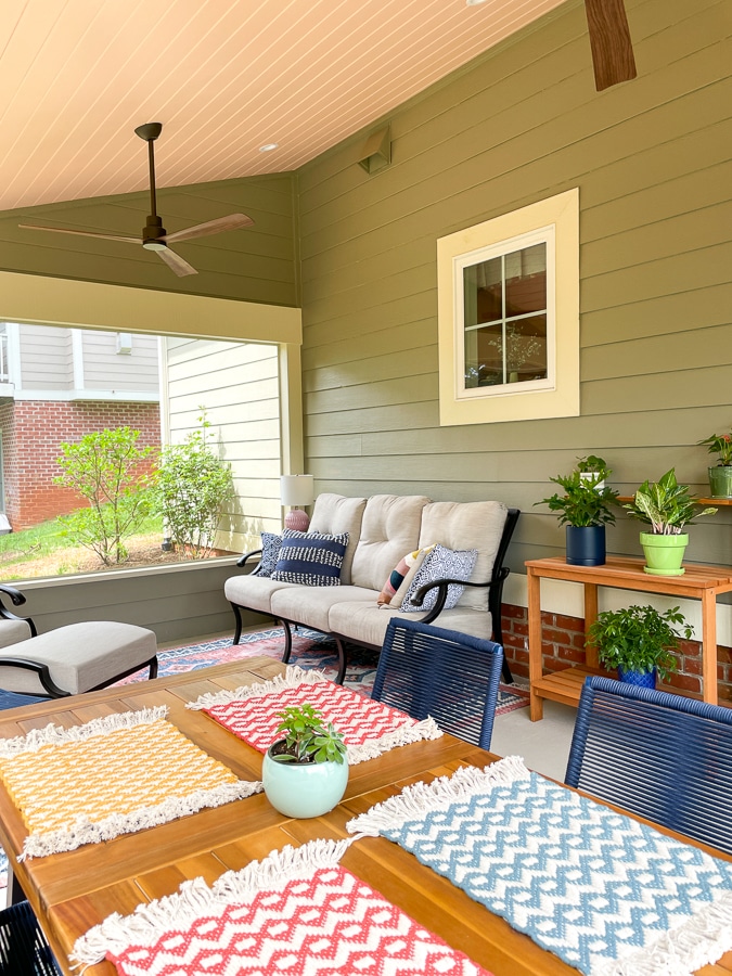 colorful screened porch decor with green and pink