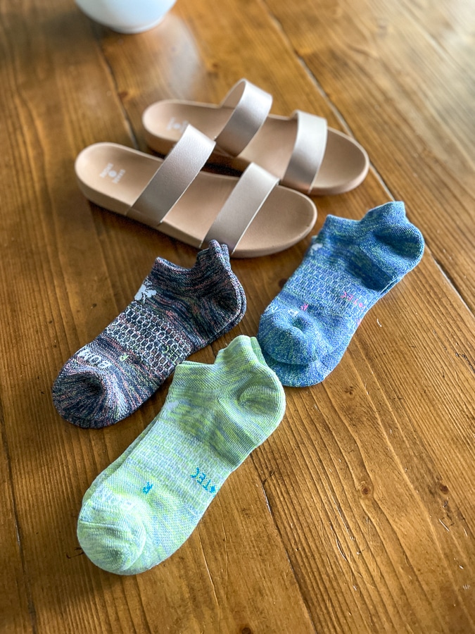 rose gold sandals from target with bombas socks