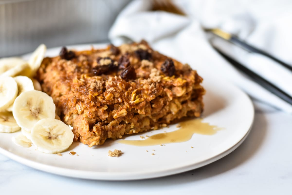 serving of baked oatmeal with bananas on a plate
