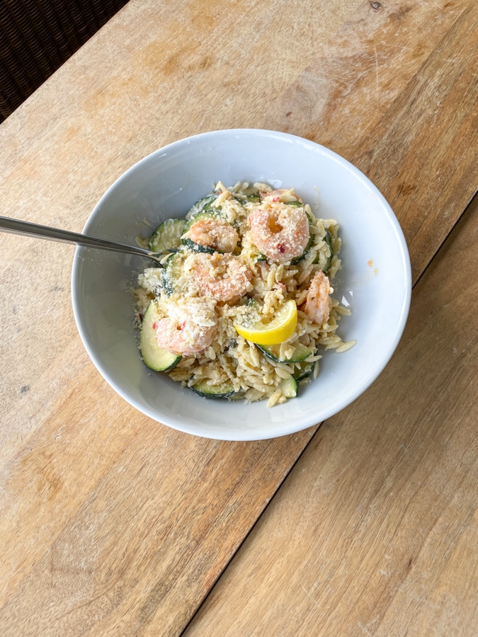 Shrimp with zucchini and cheesy orzo | Happy 9th Birthday Mazen!