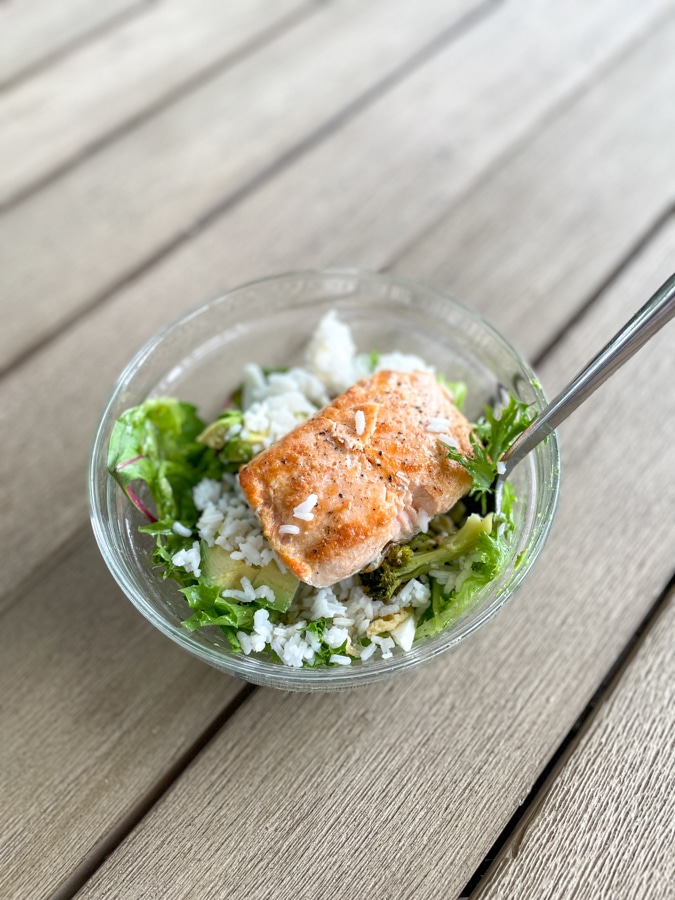 Salmon salad in a Hugh Jass bowl