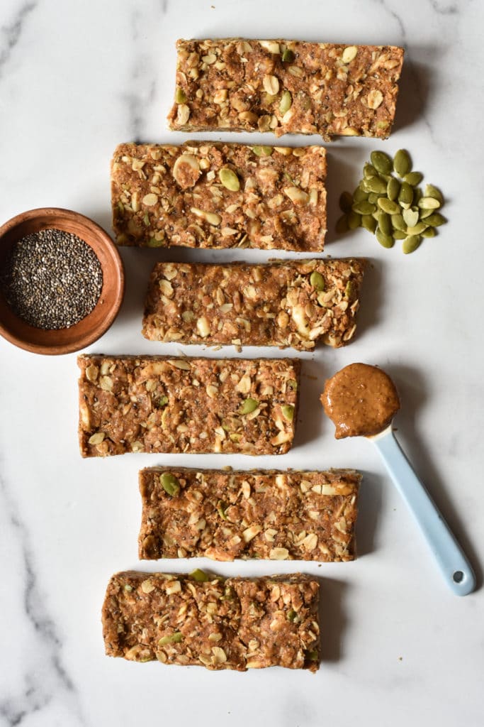 Energy Bar Recipe Easy Energy Bar Recipe with dish of chia seeds and spoon of almond butter