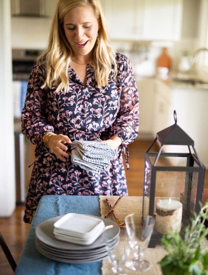 Kath Younger holding farmhouse style napkins