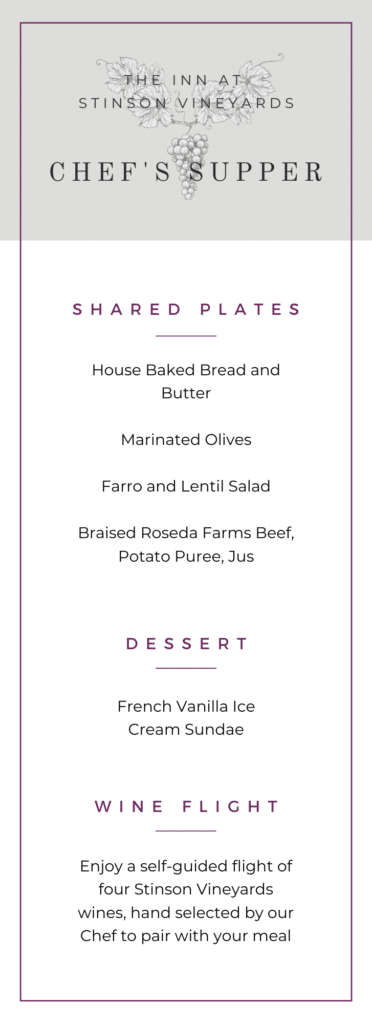 The Inn At Stinson Vineyards menu The Inn At Stinson Vineyards menu