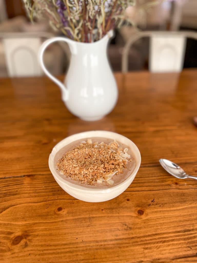 Strawberry Smoothie Bowl with granola + coconut