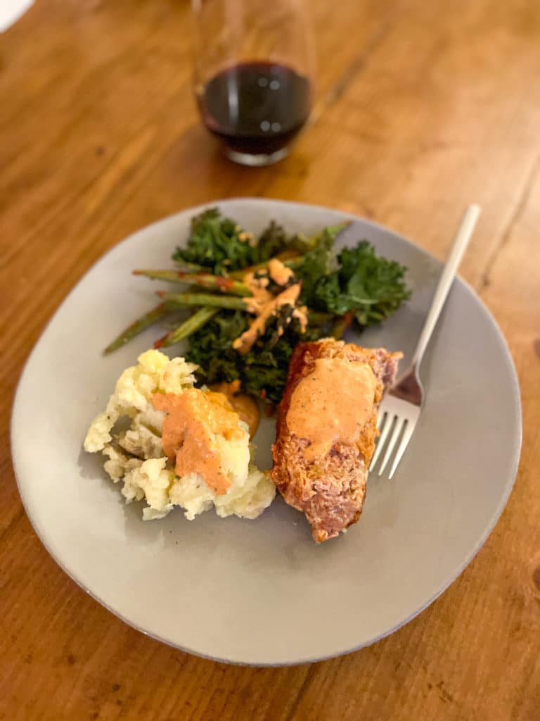 Meatloaf Meatloaf, mashers, and kale chips with green beans