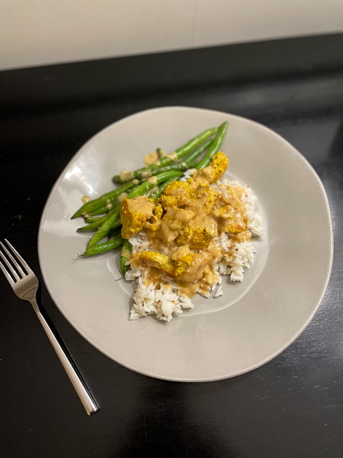 Vandouvan Chicken with a Mango Chutney Sauce Blue Apron Vandouvan Chicken with a Mango Chutney Sauce, rice, and green beans