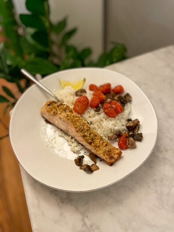 Pistachio Salmon with Rice and Veg Pistachio Salmon with Rice and Veg