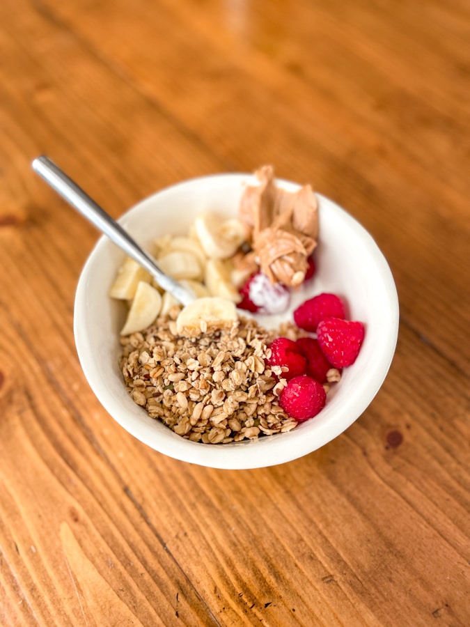 Yogurt bowl with berries, banana, granola, and PB Yogurt bowl with berries, banana, granola, and PB!