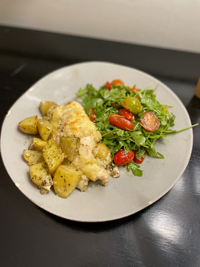 Fontina Chicken with potatoes and salad Fontina Chicken with potatoes and salad