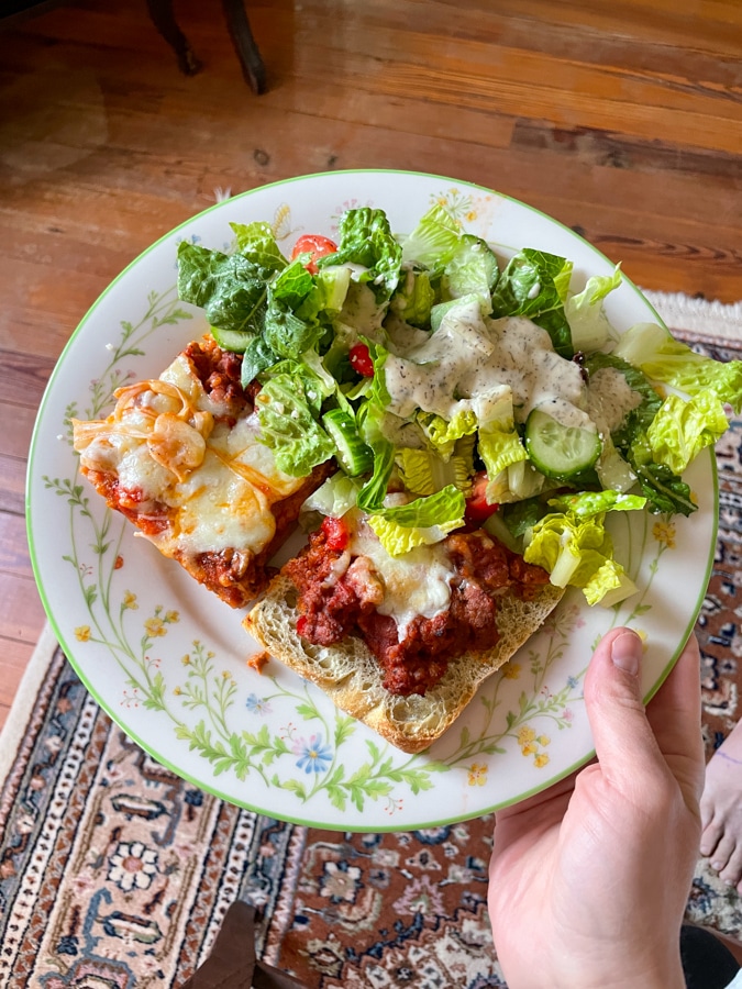 Blue Apron focaccia pizza Blue Apron focaccia pizza with Italian sausage and salad