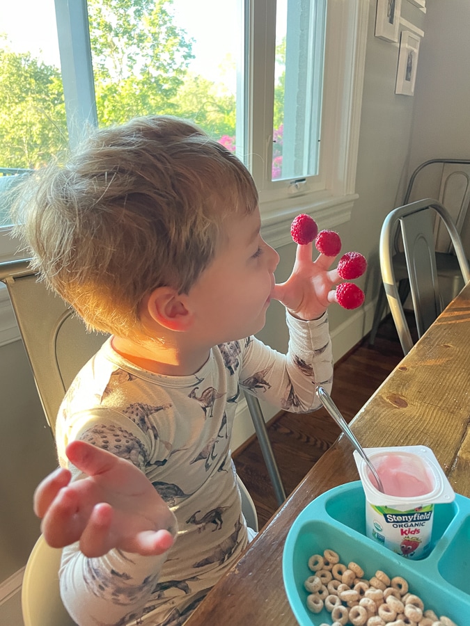 Child with raspberries on fingers Child with raspberries on fingers