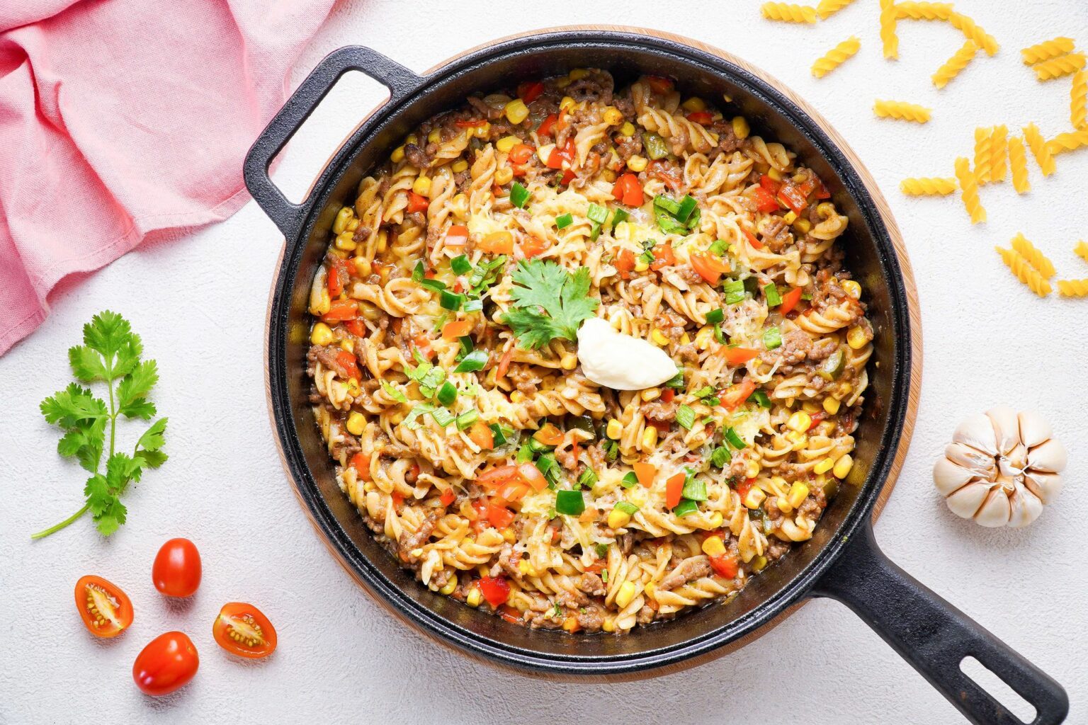 Tex Mex Pasta Recipe Tex Mex Pasta Recipe in cast iron skillet