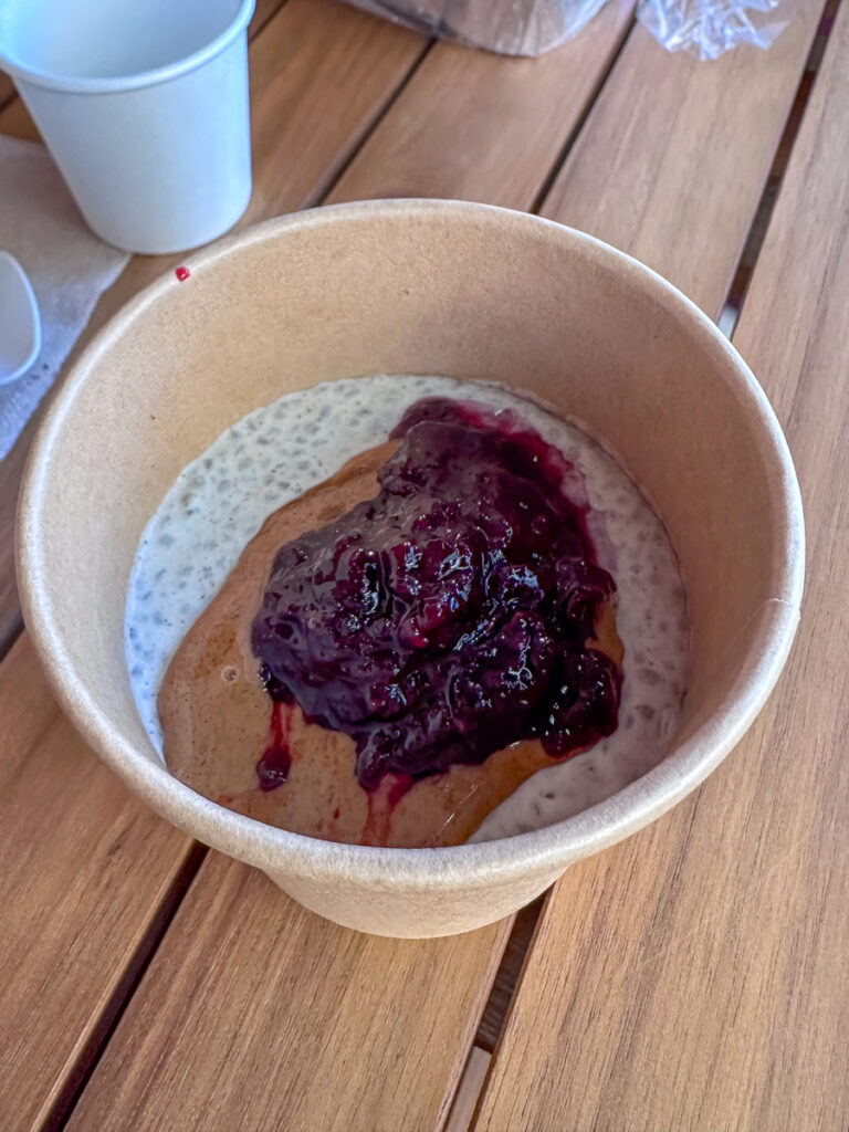 Chia pudding with almond butter and jam