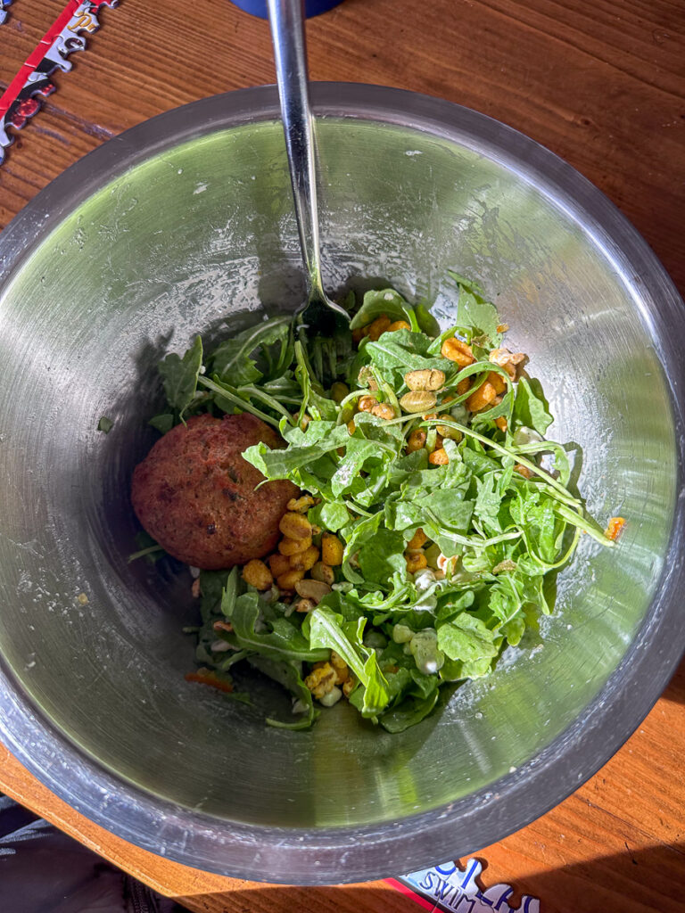 Salmon cake + arugula | Seasons Greetings
