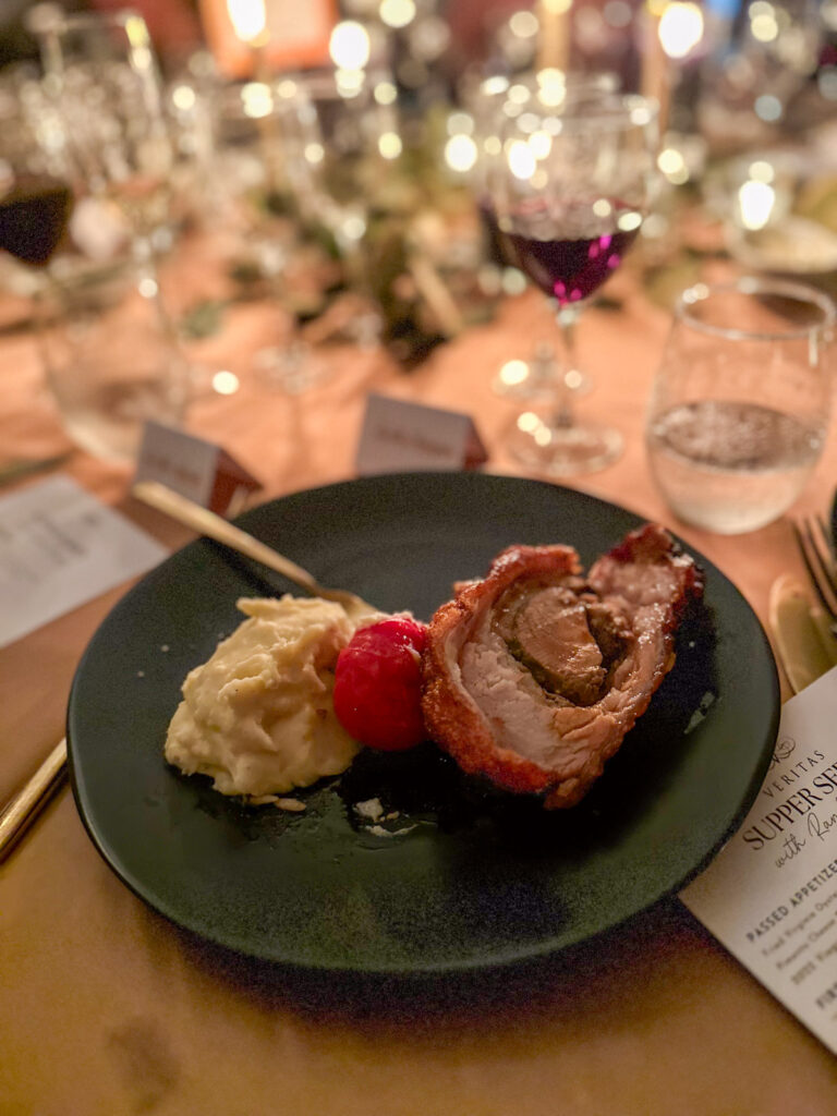 porchetta mashed potatoes, roasted tomatoes, and a porchetta