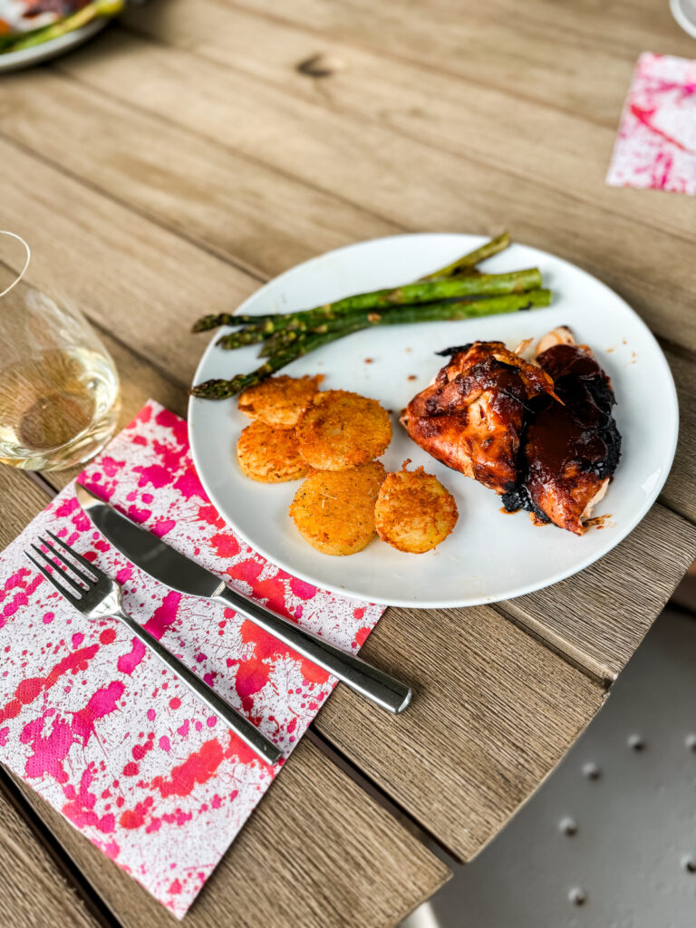 BBQ chicken baked potatoes BBQ chicken with special breaded baked potato slices and asparagus
