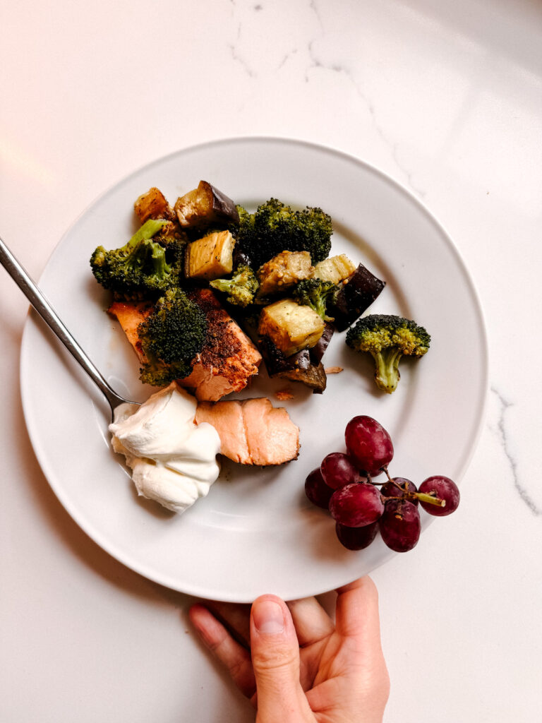Salmon roasted veg dinner Salmon + roasted veg dinner